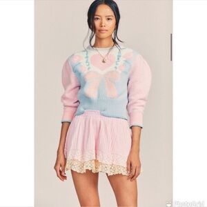 LoveShackFancy Toya Romantic Whimsical color Block pintuck Lace inset Mini Skirt